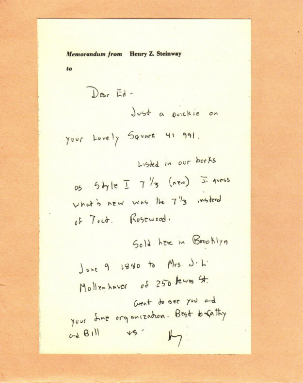 Letter from Henry Z. Steinway about Steinway Square Grand #41991 to Ed Hendricks
