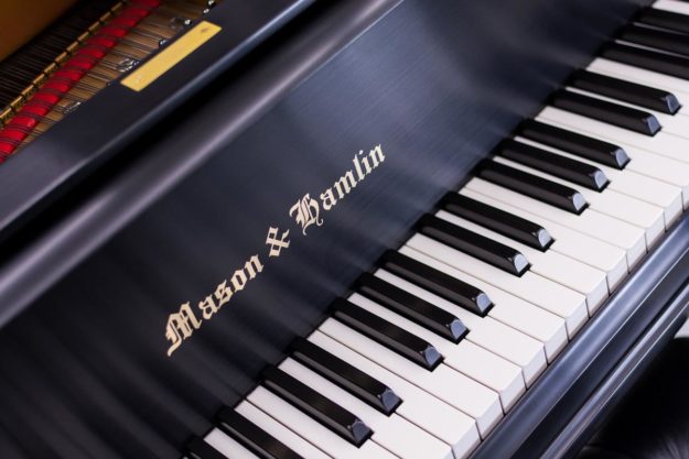 Mason & Hamlin AA Grand Piano Brass Fallboard Logo and Keys