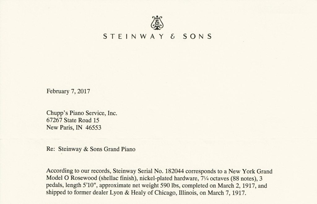 Letter from Steinway & Sons, New York