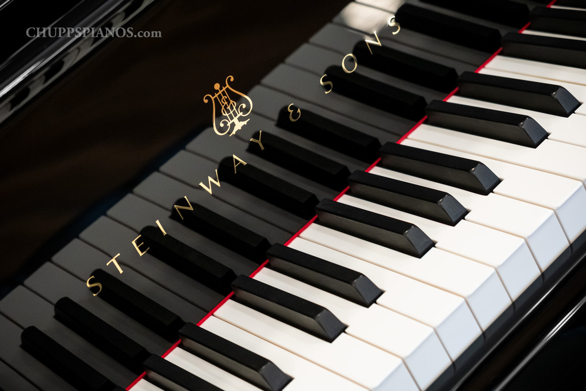 2022 Steinway & Sons Model D Concert Grand Piano #619879 for sale - Fallboard Logo Decal and Keys