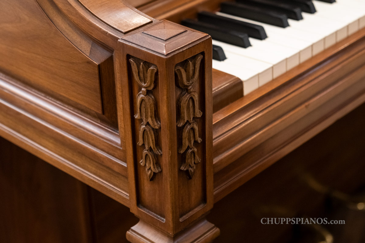 Cabinet Carvings | Walnut - Steinway & Sons Model F Vertical Piano - Chupp's Piano Service
