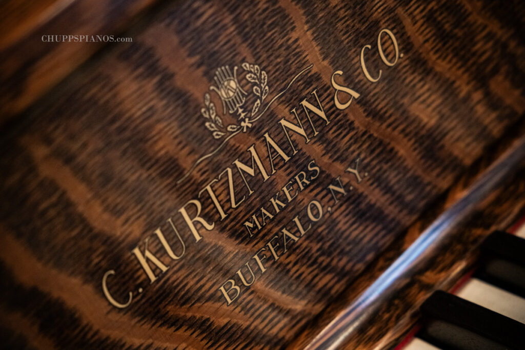 Fallboard Logo Decal - Kurtzmann Upright Piano Restoration by Chupp's Piano Service, Inc. - Quartersawn Oak