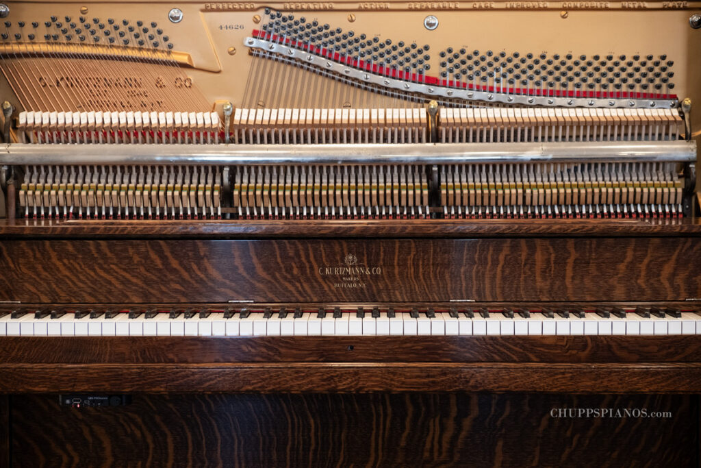 Kurtzmann Upright Piano #44626 - Quartersawn Oak - Art Case Vertical Piano - Restored by Chupp's Piano Service - Interior of Instrument